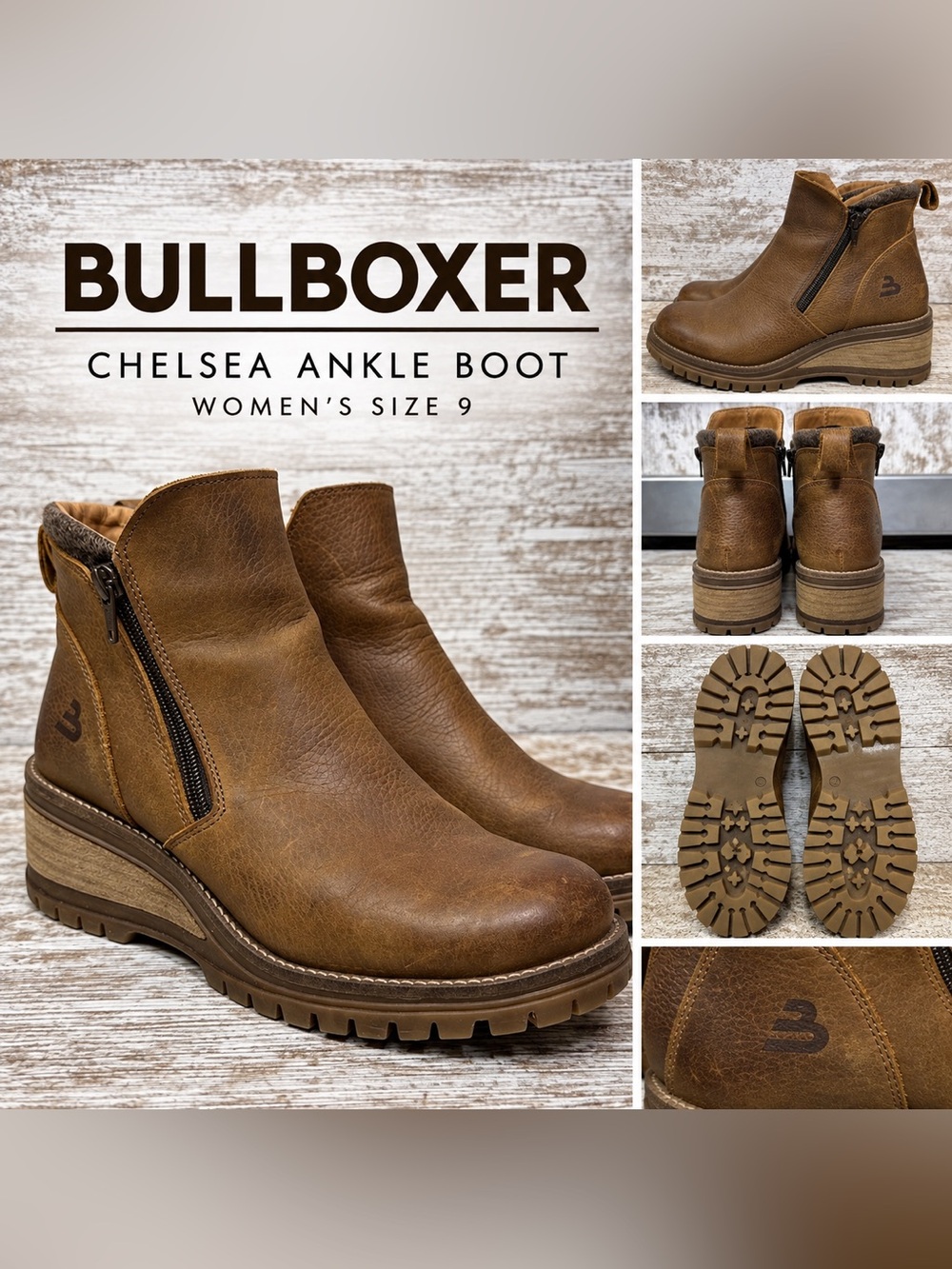 Bullboxer Brown Leather Ankle Boots Women’s Size 9 Side Zip Lug Sole
